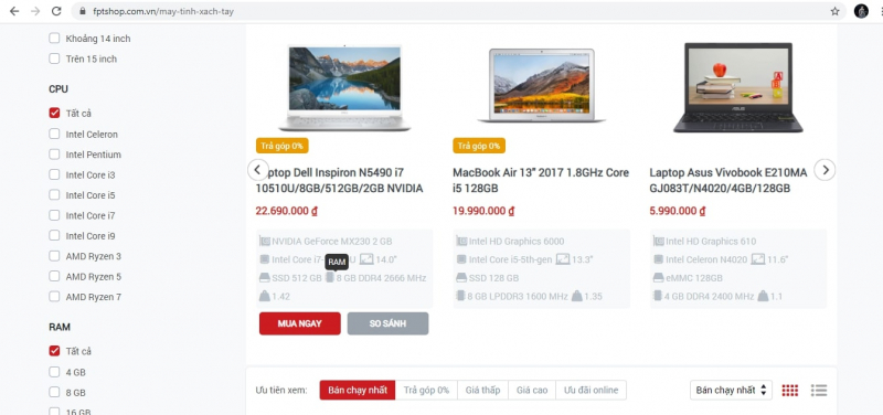 Giao diện website bán laptop, máy tính bảng